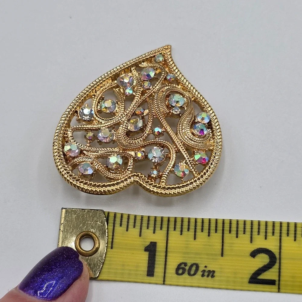 Vintage Gold Tone Heart Shape Brooch Pin White Crystal 1.5